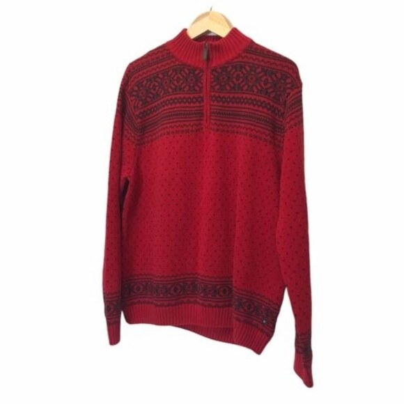 CHAPS‎ Men’s Mock Neck 1/4 Zip Up Sweater Black Red Size L Heavy Knit Nautical - Picture 1 of 11